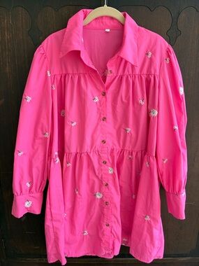 Amazon Hot Pink Floral Embroidered Mini Dress  Sz L